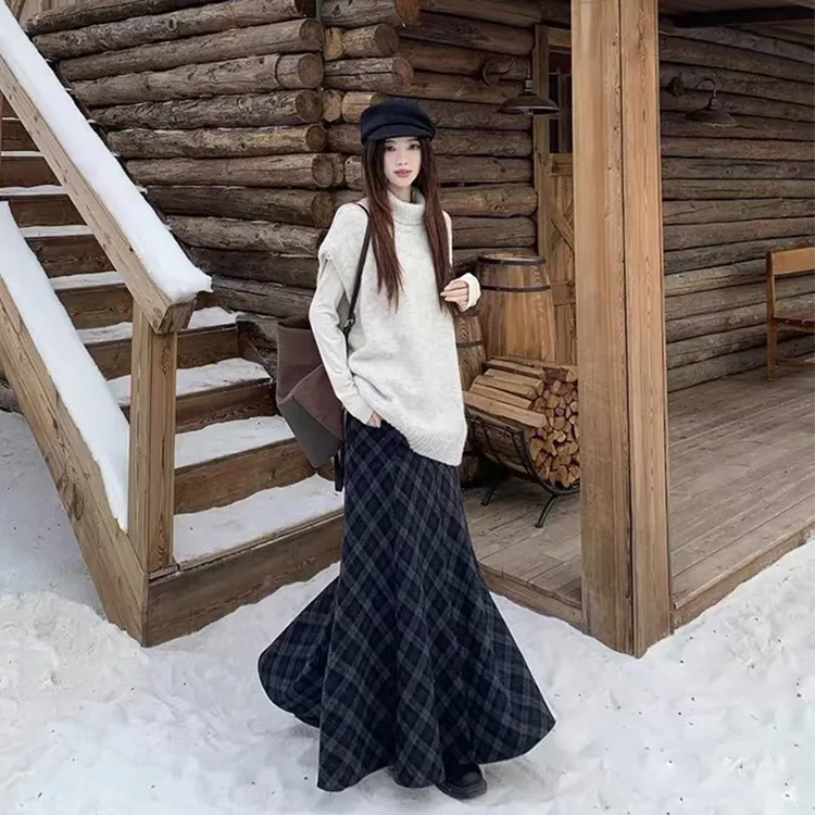 高个子加长复古格子长裙女秋冬款显瘦A字高腰遮肉宽松百搭半身裙