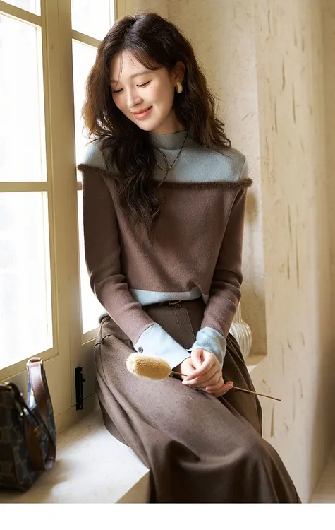 假两件羽毛拼色针织衫女秋冬季新款半高领复古温柔设计感套头毛衣