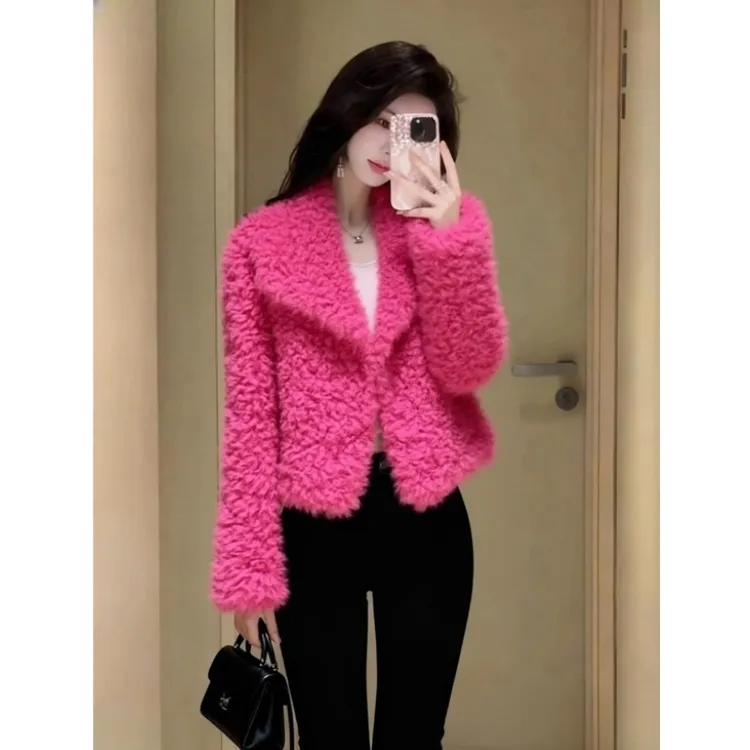 玫红色羊羔毛外套女2025新款冬高级感巨好看洋气加厚保暖上衣869