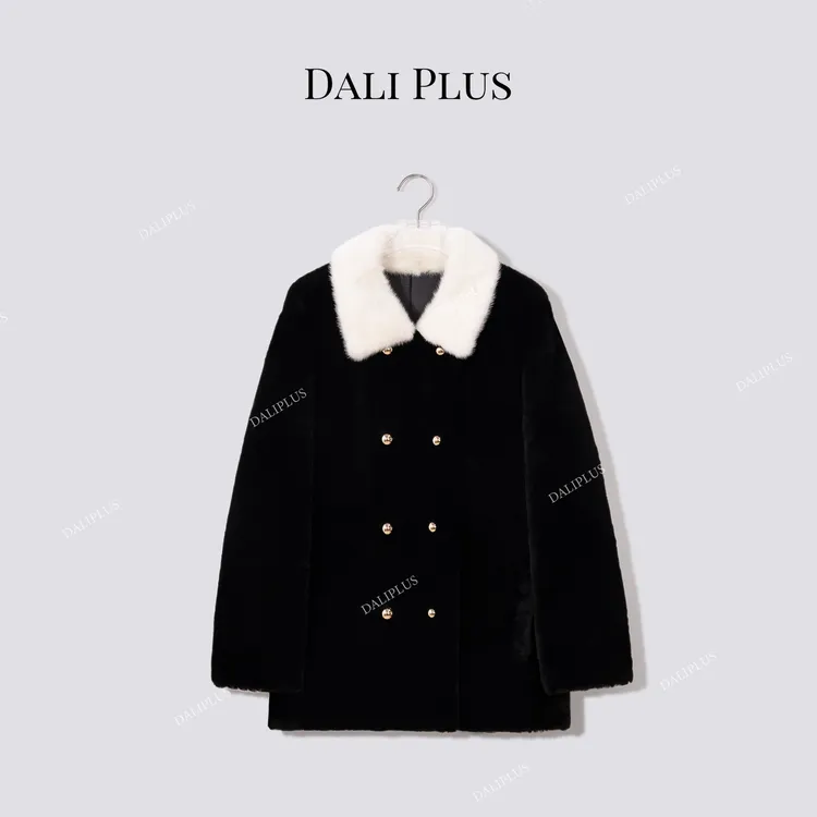 DALI PLUS“西班牙进口美利奴皮毛一体”水貂毛领拼接皮草-D5SZ8258