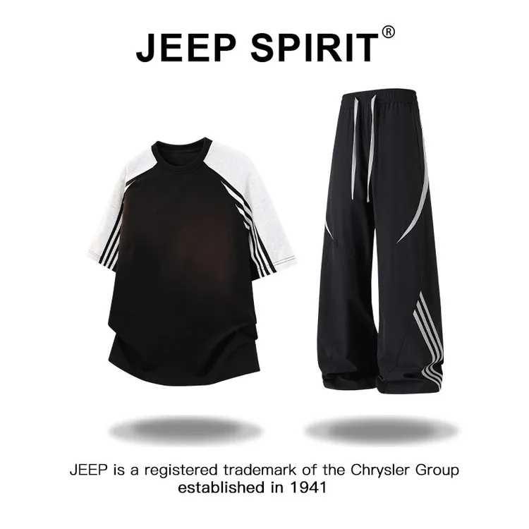 JEEPSPIRIT吉普美式撞色拼接条纹短袖T恤男夏季百搭休闲运动套装