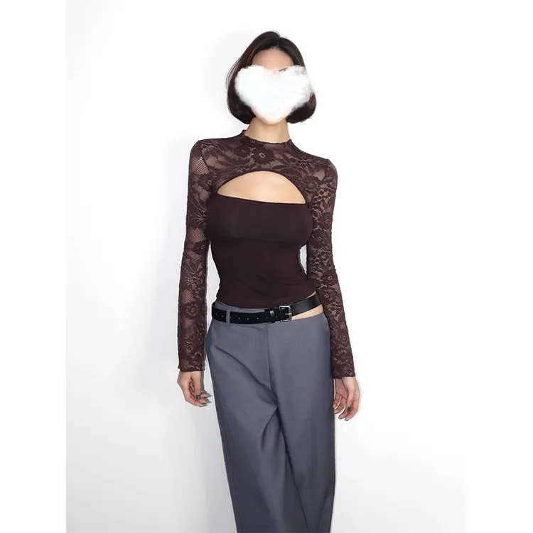 性感蕾丝黑色拼接显瘦小高领长袖抹胸上衣辣妹镂空修身设计感上衣