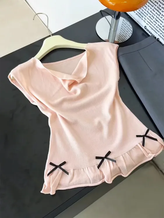 韩版甜美小众设计感无袖针织衫女夏季新款独特显瘦蝴蝶结减龄上衣