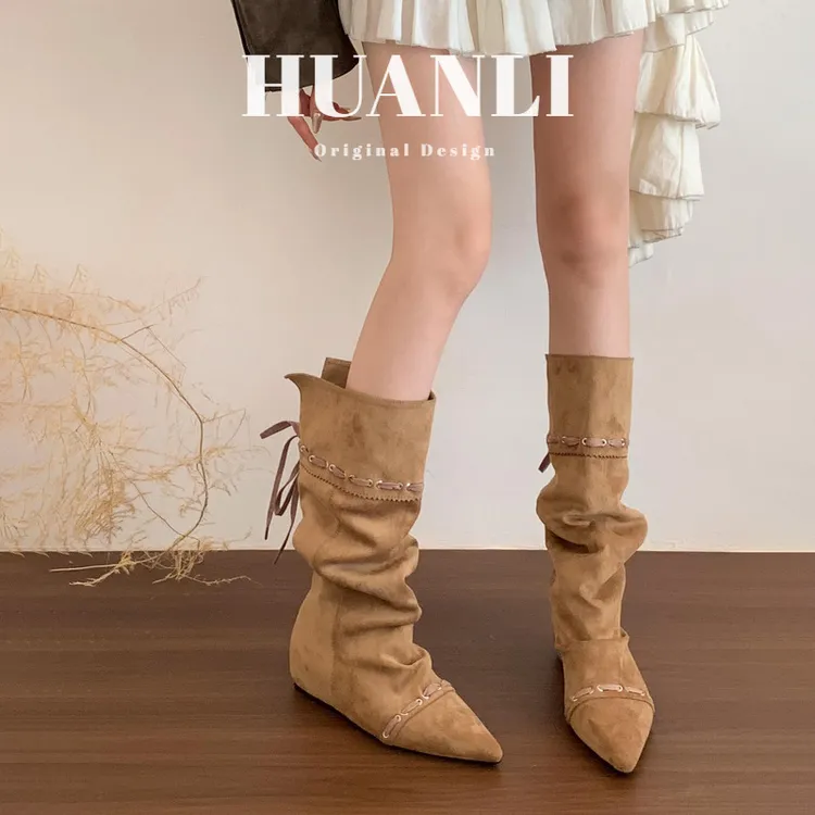 小众复古内增高堆堆靴子女短靴2025早秋季新款尖头褶皱西部牛仔靴