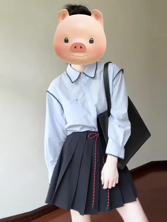 法式蓝色娃娃领长袖衬衫女早秋季2025新款高级感轻奢减龄洋气套装