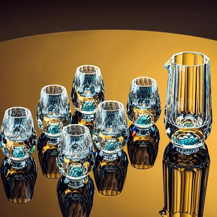 钻石切面水晶金箔白酒杯分酒器家用创意绿松石玻璃一口杯酒盅