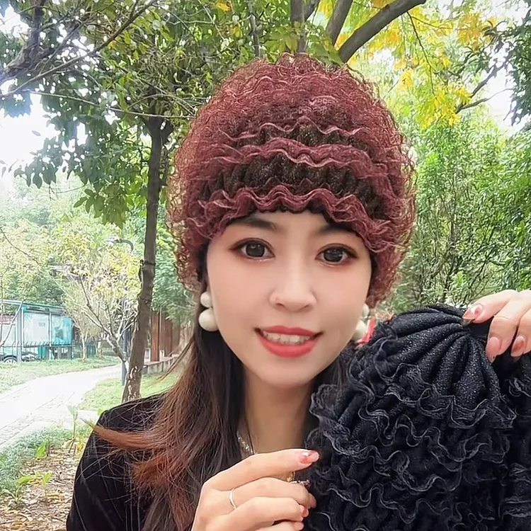 秋冬女士保暖加绒加厚正品蕾丝网纱帽遮白发穿搭蓬松包头帽新七层