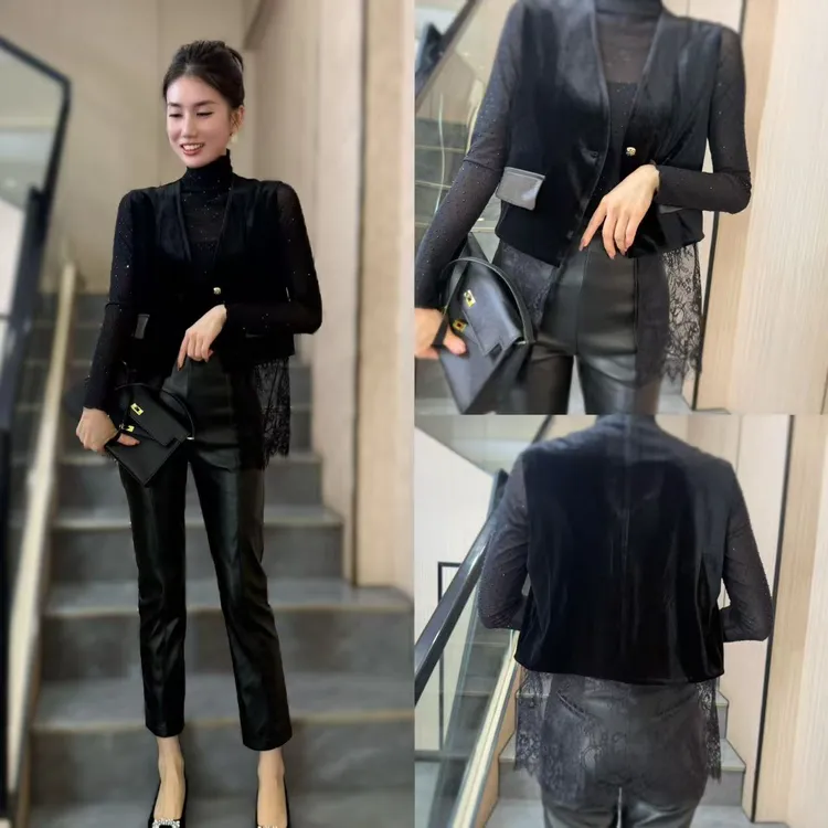 【俊英】时尚蕾丝马甲女2025秋丝绒高端洋气拼接蕾丝百搭女士马夹