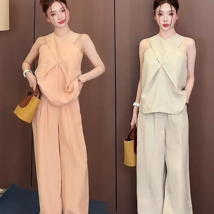 2025夏季新款时尚气质显瘦无袖交叉设计感上衣高腰阔腿长裤套装女