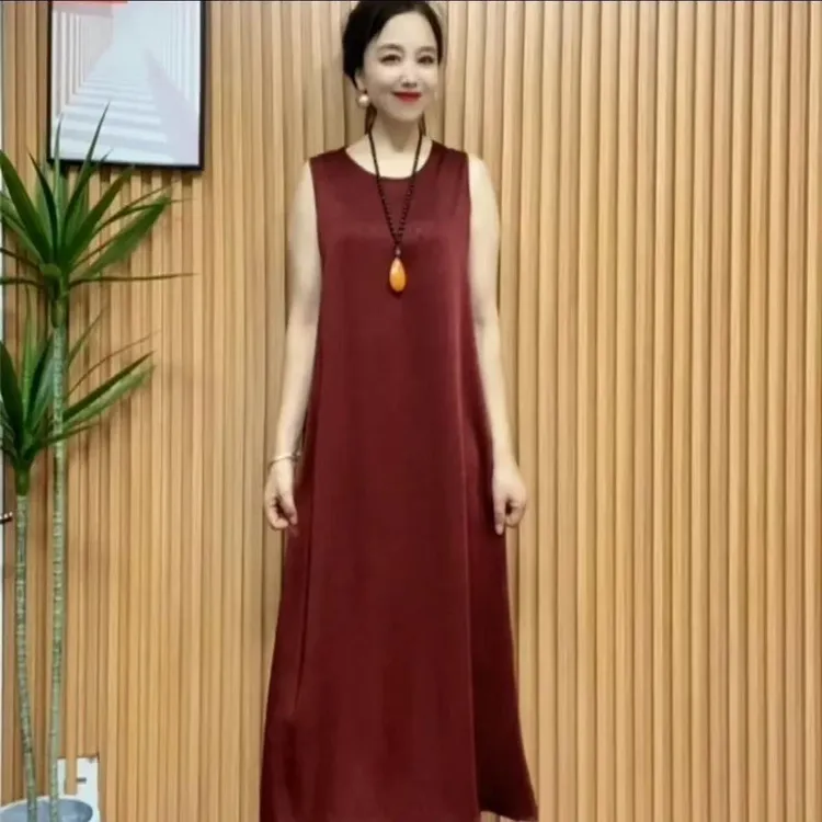 重磅桑丝缎手抓花显瘦气质无袖背心连衣裙时尚夏季中长款纯色裙子