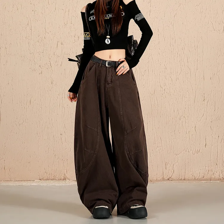 咖色复古结构弯刀牛仔裤女2025秋季新款高街小众宽松垂感阔腿裤子