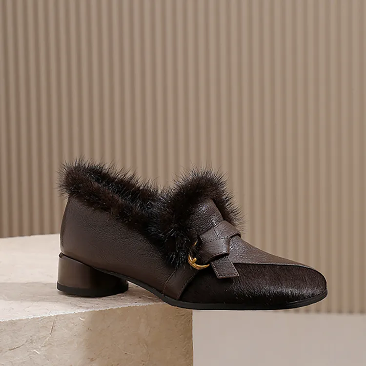 真皮时尚百搭粗跟保暖乐福鞋女极简风优雅休闲深口方头软底单鞋