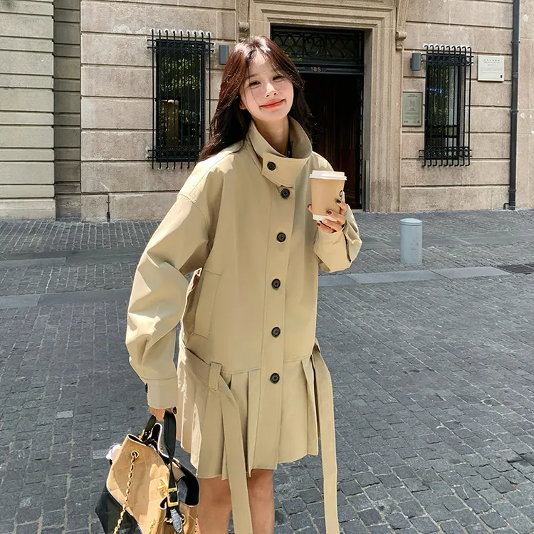 拼接短款系带百褶拼接设计感风衣女2025秋季新款显瘦复古显瘦外套