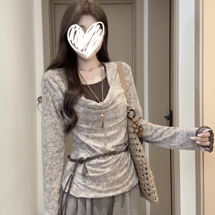 辣妹风挂脖假两件扎染针织衫女秋季套头长袖T恤衫纯欲荡领小上衣