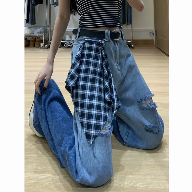 设计感渐变蓝破洞牛仔裤女2025夏季新款高腰宽松显瘦阔腿拖地裤子