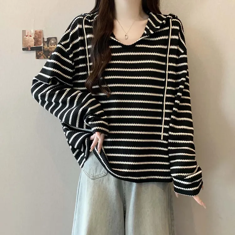 大码女装胖MM韩系条纹连帽长袖卫衣秋冬季宽松慵懒风休闲百搭上衣