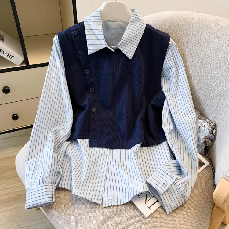 时尚条纹POLO领拼接衬衣女秋季2025新款韩系设计感洋气两件套上衣