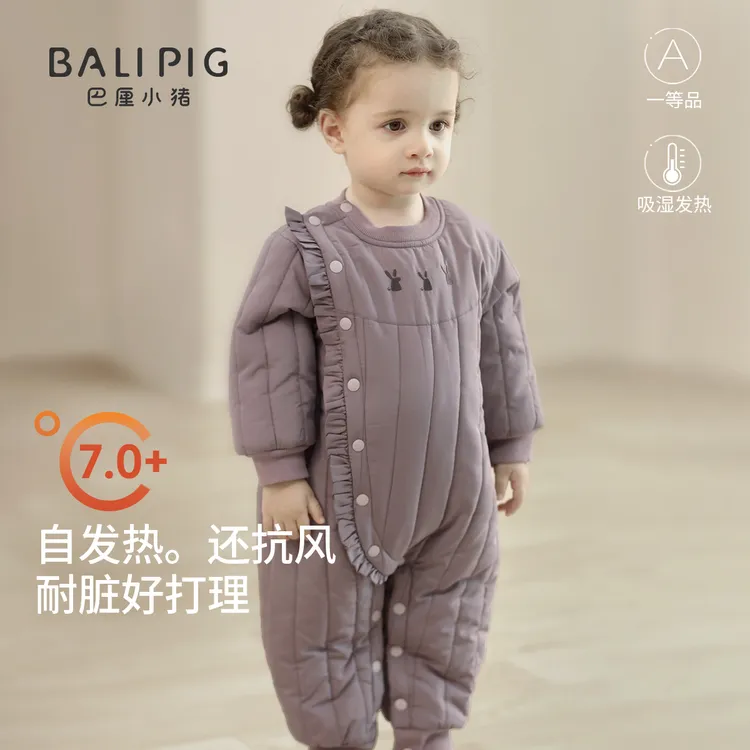 女宝宝棉服秋冬新生儿保暖夹棉连体衣加厚冬季小月龄婴儿外出棉衣