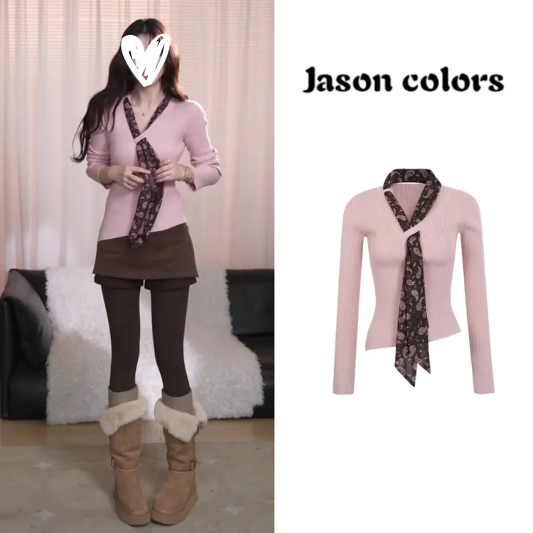 【罗拉毛衣】冬季韩系气质波点丝带V领温柔毛针织衫C6525