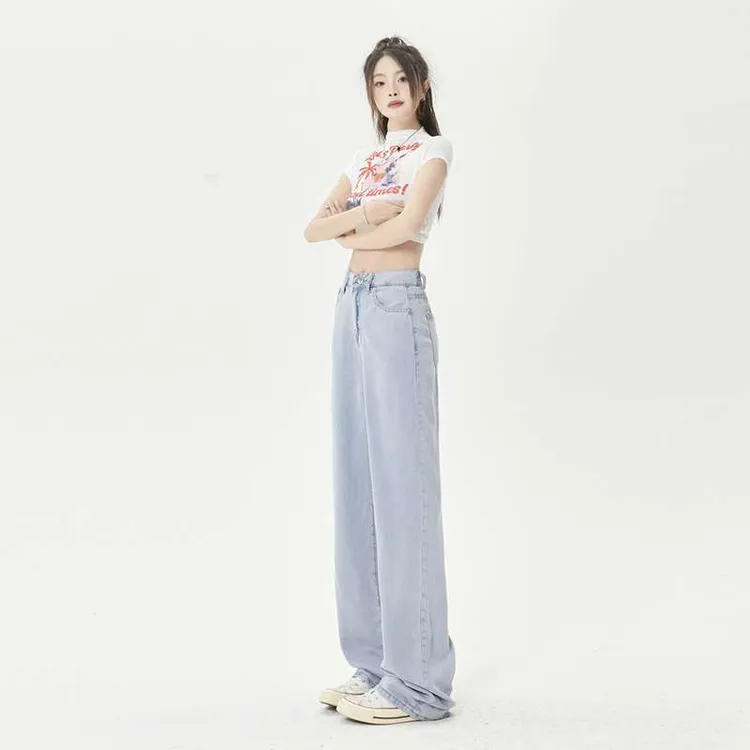 轻薄夏季牛仔裤子冰丝～夏日舒适百搭薄款牛仔裤高腰阔腿裤垂感