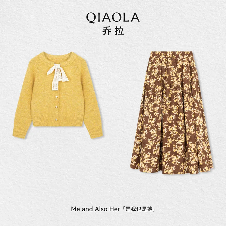 QIAOLA/乔拉【雏菊圆梦】秋冬季圆领开衫毛衣灯芯绒A字碎花半裙套装