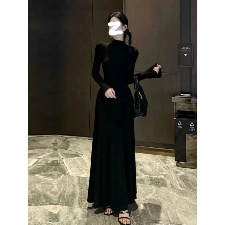 【半高领版】喇叭袖长款大摆连衣裙时尚百搭显瘦裙子法式气质大摆裙