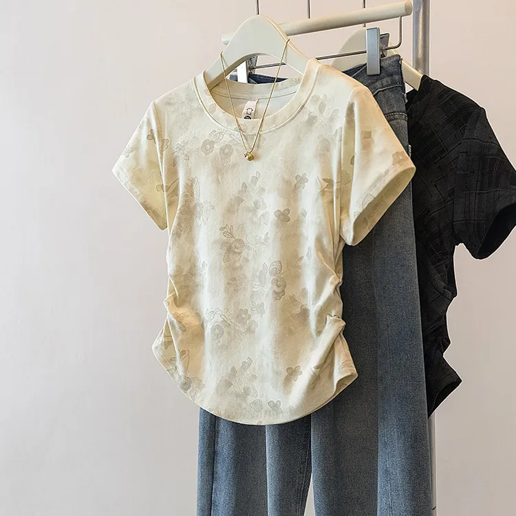 yoewshean/羽媗微胖mm大码夏季正肩短袖t恤女装显瘦收腰修身美式