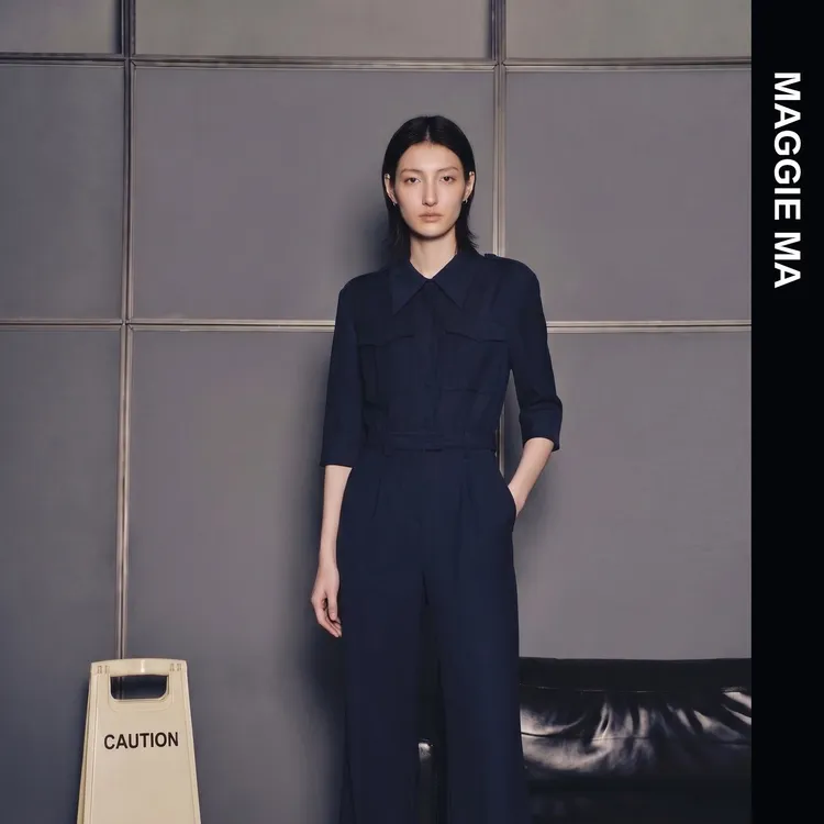 MAGGIE MA马婧设计师款深蓝商务翻领连体裤313P