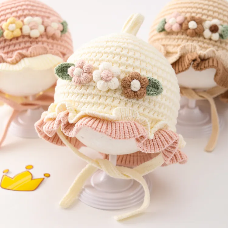 婴儿帽子秋冬款女宝宝公主帽小花洋气可爱女小童针织护耳帽毛线帽