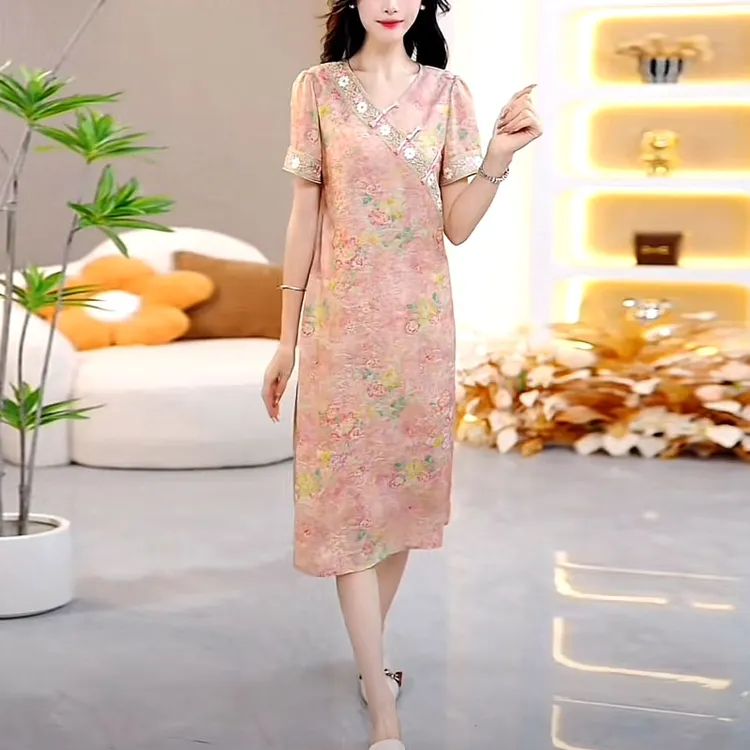 花萝缎新中式改良旗袍裙2025夏季新款宽松遮肉碎花气质显瘦连衣裙