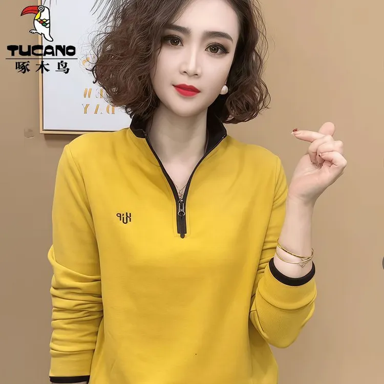 啄木鸟2025时尚打底衫半拉链刺绣立领休闲小衫女卫衣减龄纯色上衣