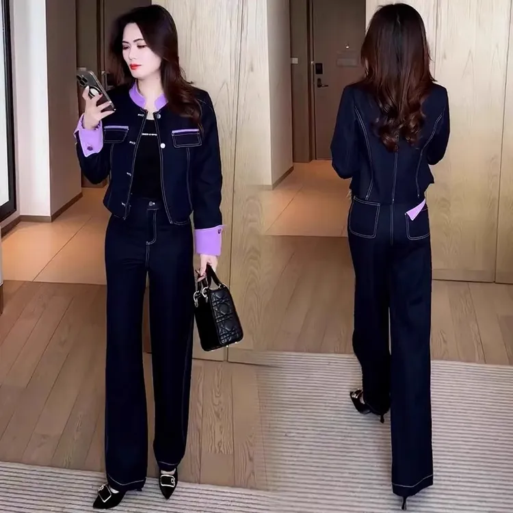 时尚牛仔套装女2025春季新款洋气显瘦短款外套阔腿裤气质两件套潮
