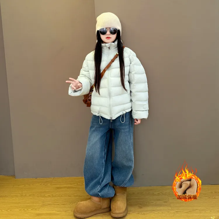 女童2025新款儿童冬季保暖时尚韩版棉服棉衣外套加绒牛仔裤套装潮