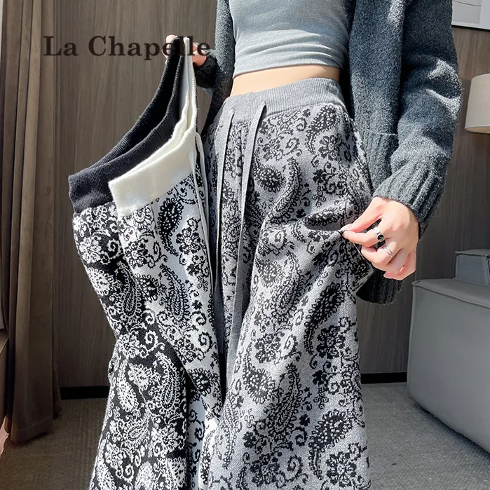 拉夏贝尔慵懒风腰果花针织阔腿裤女2025秋冬高腰显瘦垂感休闲裤子