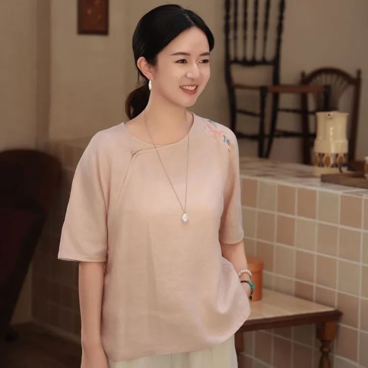 麻享【一花衣·小衫】60支纯汉麻新中式文艺刺绣斜襟上衣FSY50757