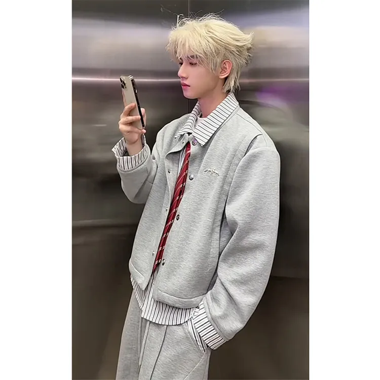 灰色条纹衬衫假两件拼接开衫夹克男款秋季设计感潮牌cleanfit外套