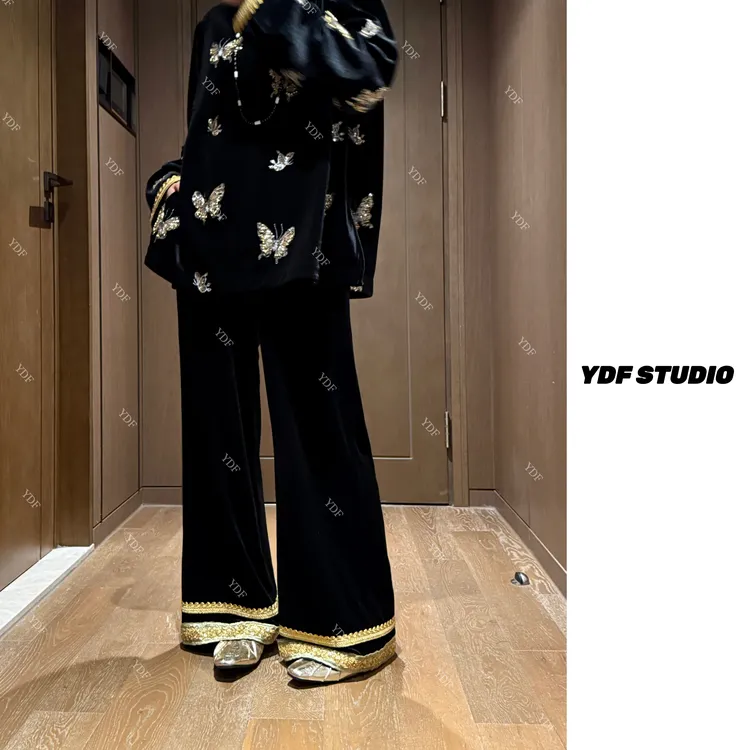 YDFSTUDIO小众【千金裤】欧货早秋重磅刺绣拼接设计时尚阔腿裤