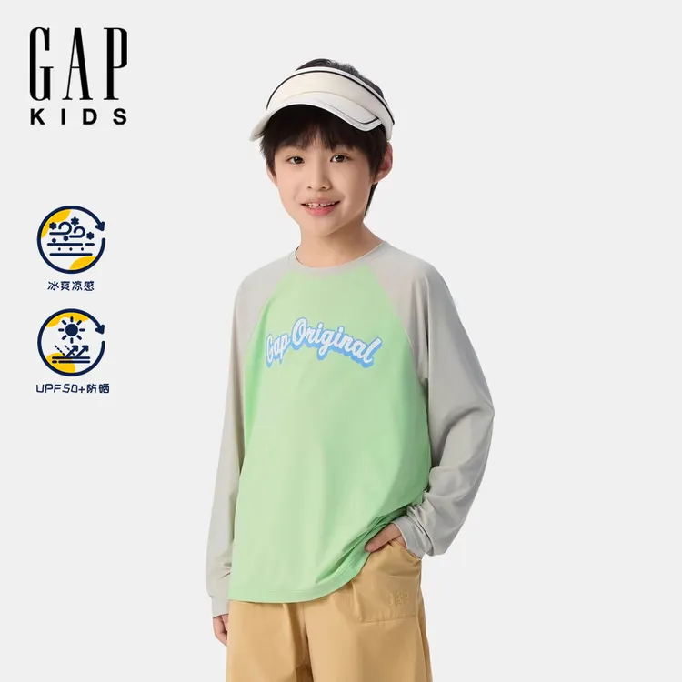 Gap男童2025夏季新款印花logo插肩凉感防晒长袖T恤儿童装767029