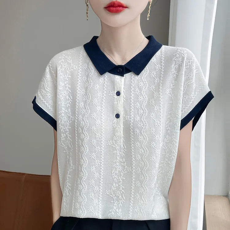 天丝亚麻POLO领拼色针织衫减龄时尚翻领T恤夏季上衣女薄款短袖女