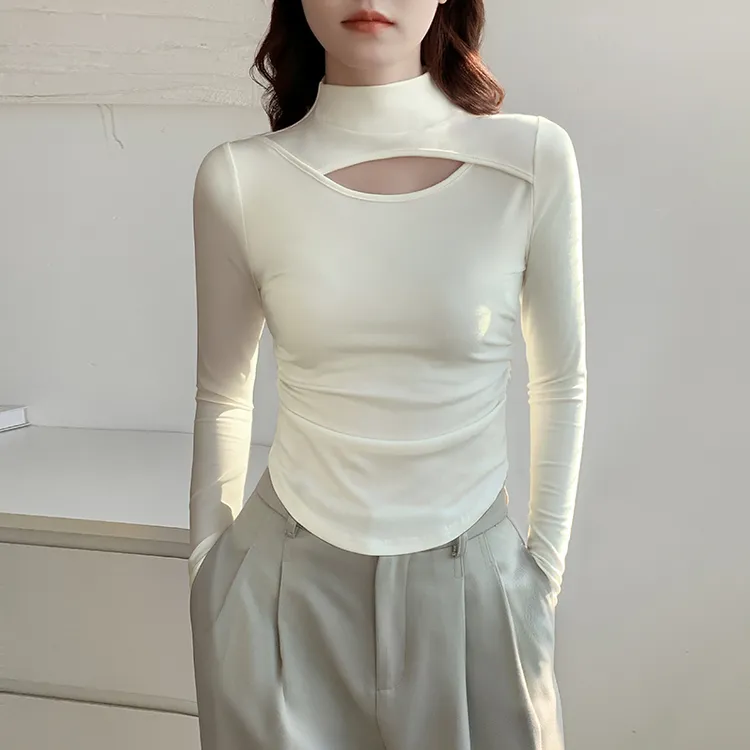 春秋镂空长袖t恤女士 修身2025新款设计感小众弧形下摆内搭打底衫