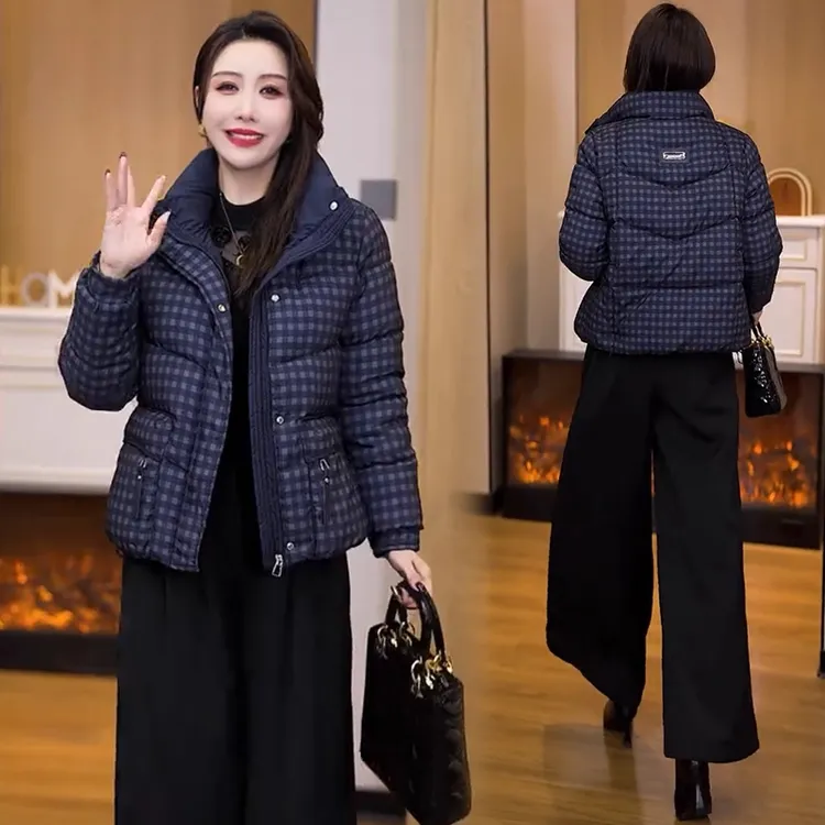 时尚格纹时髦棉服女2025冬季新款宽松显瘦加厚保暖立领棉衣外套潮