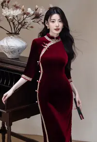 【今喜-鹊问】秋季新款酒红色金丝绒喜婆婆喜妈妈红装旗袍