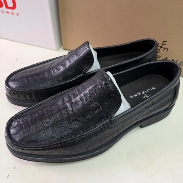 头层牛皮男士压驼鸟纹真皮休闲百搭舒适软底软面休闲皮鞋