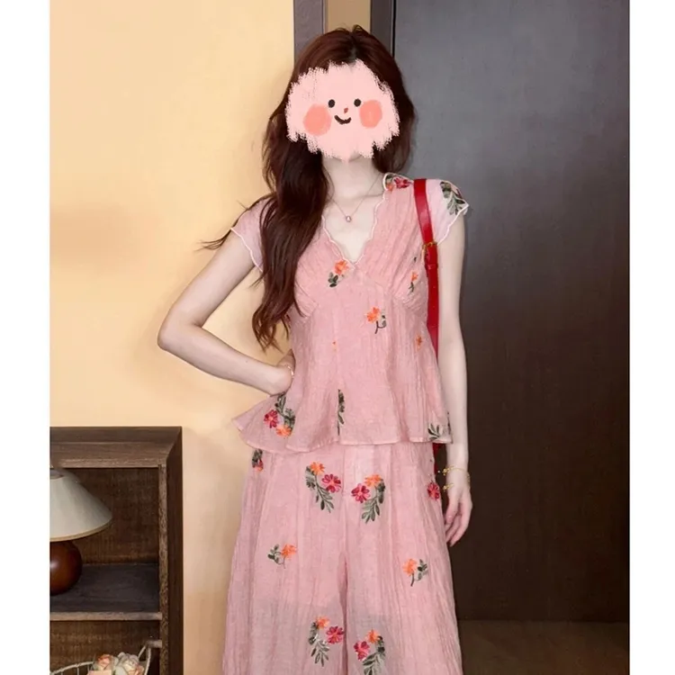 碎花粉色套装气质端庄大气中式上衣夏季时尚提花长款半身裙两件套