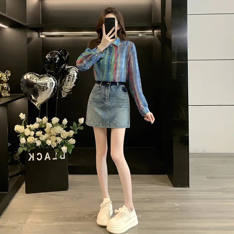 韩系设计感条纹衬衫女长袖衬衣上衣复古蓝牛仔短裙遮肉a字半身裙