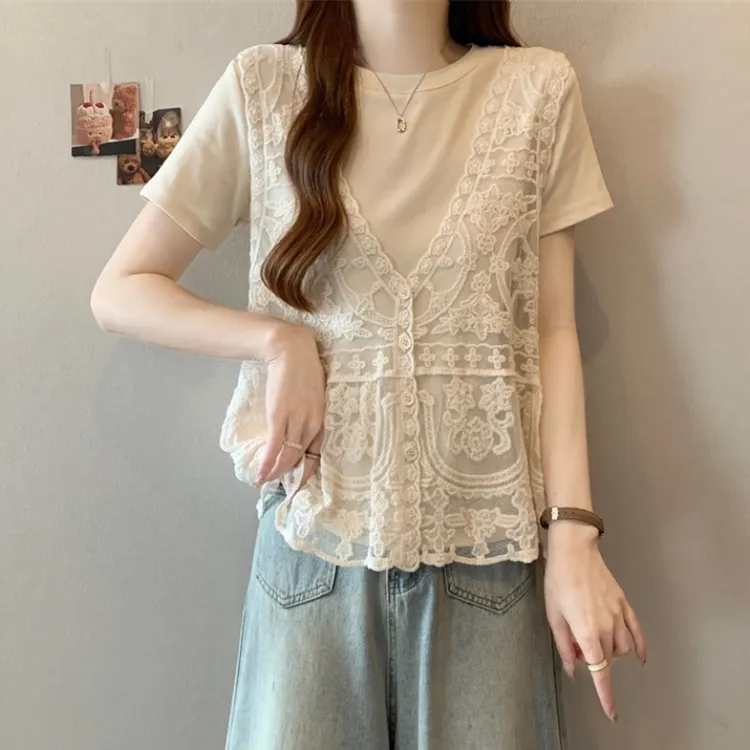 大码设计感蕾丝马甲两件套装女夏季胖MM宽松显瘦百搭洋气短袖上衣