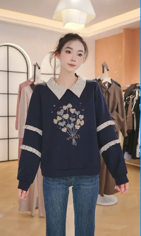 F3053时尚polo领气质长袖卫衣女秋季新款重工拼接气球上衣