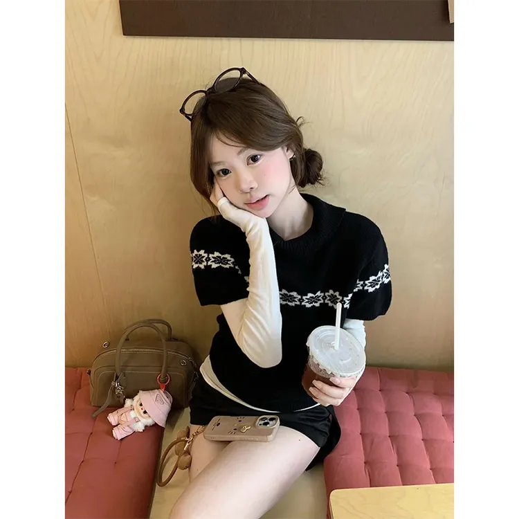 韩系ins风古着风花朵短袖针织毛衣内搭长袖打底衫高腰黑色半身裙
