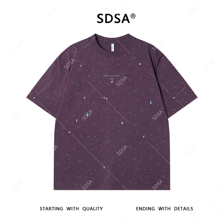 夏季高级感新款男士美式泼墨烫钻短袖T恤时尚轻奢宽松圆领上衣