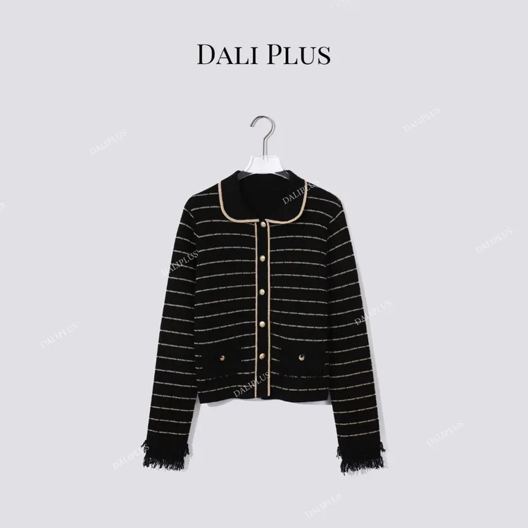 DALI PLUS“重磅100精纺羊毛黑金小香针织”撞色条纹开衫-D5MM2481